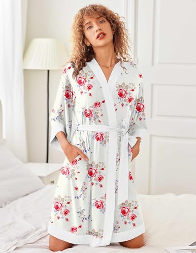 Image of Ekouaer Robes for Women Knee Length Bathrobe Lightweight Kimono Robe 3 /4 Sleeve Knit Sleepwear with Pockets