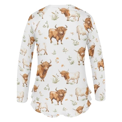Highland Cattle Grass Girls Long Sleeve Swimsuit Rash Guard One Piece Bathing Suits Zipper 3-12T3
