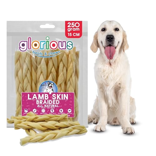 Glorious Treats & Chews Braided Lamb Skin Dog Chews for Dogs & Puppies Natural Long Lasting High Protein Dental Treats Grain Free Puppy Chews