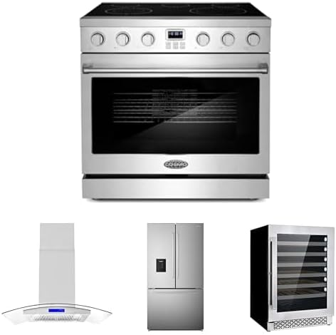 COSMO 4-Piece Kitchen Appliance Packages, 36" Electric Range, 36" Island Range Hood, 36" French Door Refrigerator and 48-Bottle Wine Cooler