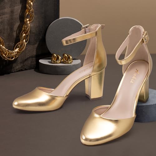 Image of Ankis Closed Toe Heels for Women -Black Nude White Silver Gold Womens Heels Closed Round Toe Chunky Block Pumps Shoes, 3 Inch
