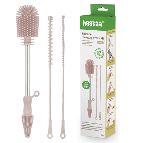 Image of Haakaa Silicone Cleaning Brush Kit – Household Cleaning Brushes for Bottles and Crevices – Food-Grade Silicone: Dishwasher Safe (Kit-Blush)
