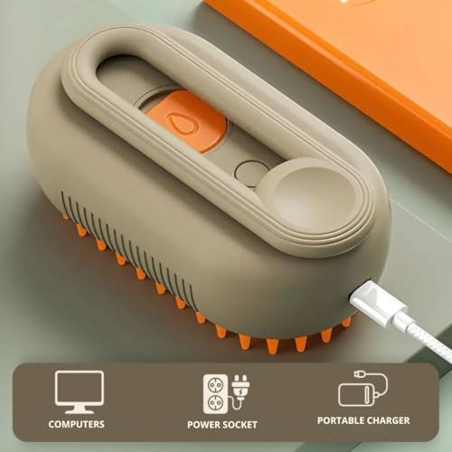 Image of 3-in-1 Steam Pet Brush for Cats & Dogs - Self-Cleaning Grooming Comb with Spray Mist, Massage & Shedding, Rechargeable USB, Anti-Static, Foldable Handle - Kakhi