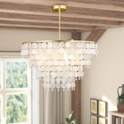 PUUPA Natural Capiz Shell Chandelier, Coastal Modern Chandelier, Hanging Round Layered Pendant Lighting(4 Light, Gold)
