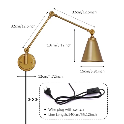 Image of SUNLLOK Modern Gold Plug in Wall Sconces - Industrial Adjustable Swing Arm Hanging Wall Light Fixture - Indoor Rustic Reading Wall Lamp Decoration for Living Room, Kids Bedroom, Office (1)
