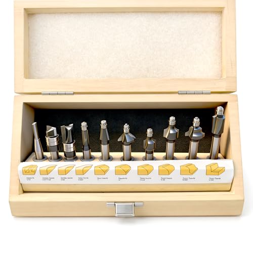 10-Piece Micro Router Bit Set - 1/4 Shank, Precision Carbide Tipped Professional Mini Trimming & Shaping Router Cutters, with Wood Case, for Small Fine Woodworking Projects/Model Making/Crafts