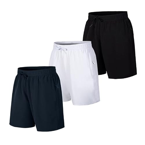 Tuveke 3 Pack Men's Workout Running Shorts Quick Dry Athletic Gym Lightweight Shorts For Men With Zipper Pockets Ice Silk Short Black&White&Blue M #TOP3