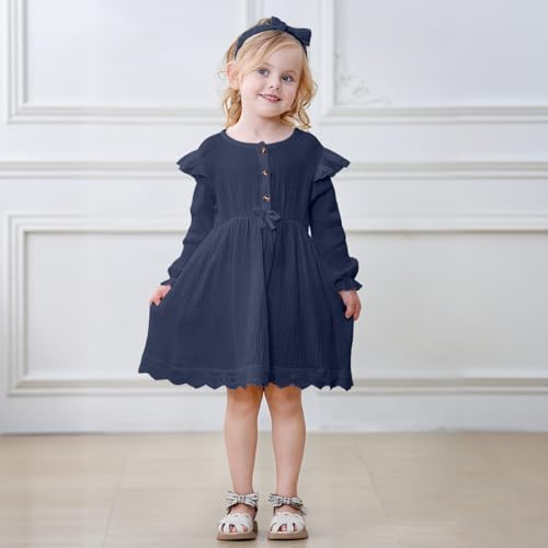 Sinhoon Toddler Fall Dress Baby Girl Dress Ruffle Long Sleeve Toddler Girl Dress Smocked Baby Fall Dresses with Bow Headband 7