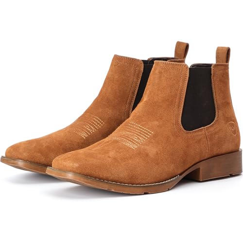 Image of IUV Suede Chelsea Cowboy Boots for Men Western Ankle Boots Casual Dress | Genuine suede Chelsea-Western boots, elastic panels, saddle stitching, versatile brown, slip-on