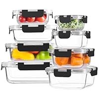 8 Pack Borosilicate Glass Food Storage Containers with Lids, Glass Meal Prep Containers, Airtight Bento Lunch Boxes with Leak Proof Locking, Oven, Freezer and Dishwasher Safe, BPA Free, 5-35oz