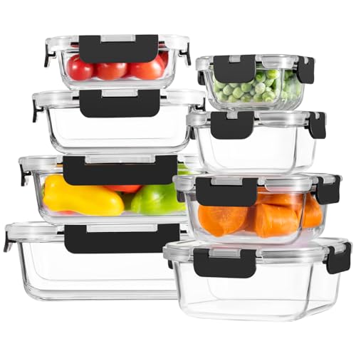 Image of 8 Pack Borosilicate Glass Food Storage Containers with Lids, Glass Meal Prep Containers, Airtight Bento Lunch Boxes with Leak Proof Locking, Oven, Freezer and Dishwasher Safe, BPA Free, 5-35oz