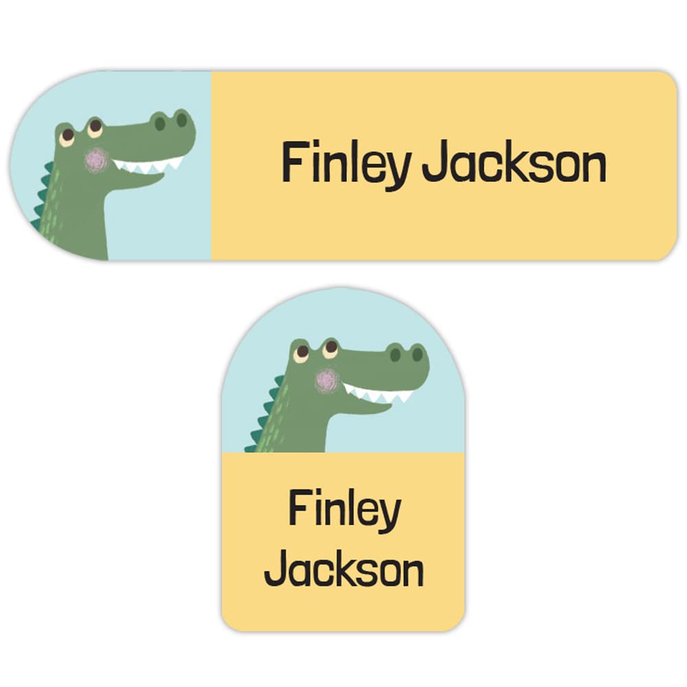 50 x No Iron Personalised Stick On Waterproof Washable Name Labels Great for Clothes, School Uniform, Equipment, Shoes. School, Nursery, Day Care, Hospital - Happy Crocodile