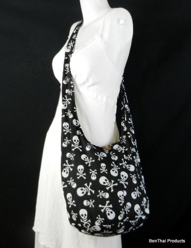 BTP! Skull Punk Rock Hippie Hobo Thai Cotton Sling Crossbody Bag Messenger Purse Small (Black)2