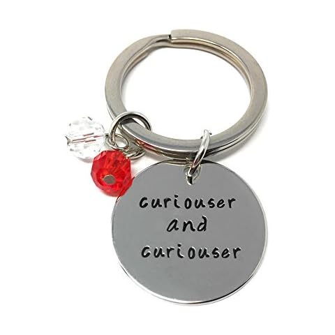Silver-Tone 'Curiouser And Curiouser' Engraved Pendant Keyring 2.2cm Diameter Alice Wonderland Cover
