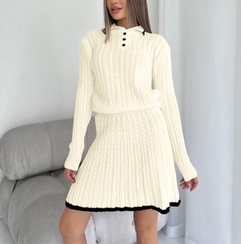 Image of chouyatou Women's Cable Knit 2 Piece Outfits Long Sleeve Polo Sweater and Elastic Waist Pleated Mini Skirt Sets