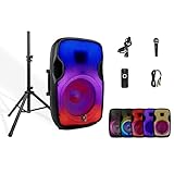 PRORECK Titan 15A 600W 15inch LED Powered Bluetooth PA Speaker with Height Adjustable Stand, Remote Control and Mic, TWS Stereo Pairing, Suitable for Party, Wedding, DJ Gig etc.