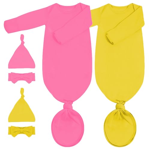 Image of COOZYNANA Newborn Baby Knotted Gown, Soft Breathable Baby Sleep Gown with Hat & Headband for Boys Girls
