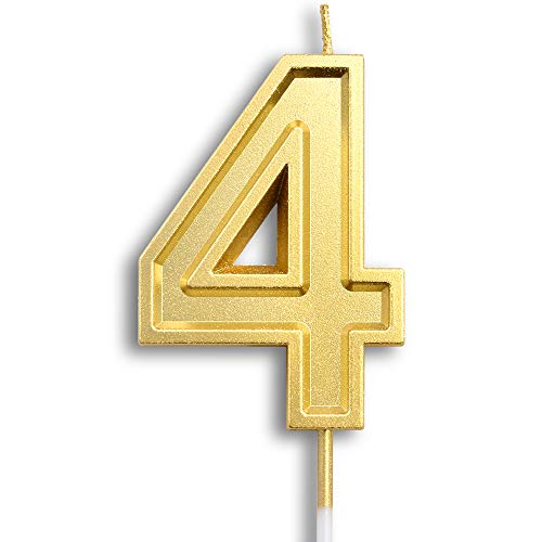 Dollet 2.75” Big Gold Birthday Candle Numbers 4 Cake Candle Topper for Kid’s/Adult’s