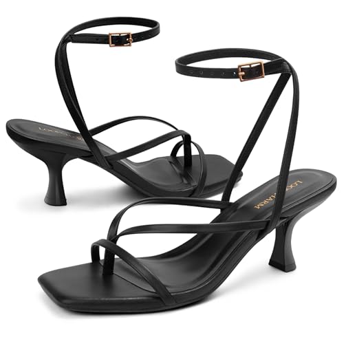 Image of Women's Kitten Heel Strappy Open Square Toe Thong Ankle Strap Heels for Wedding