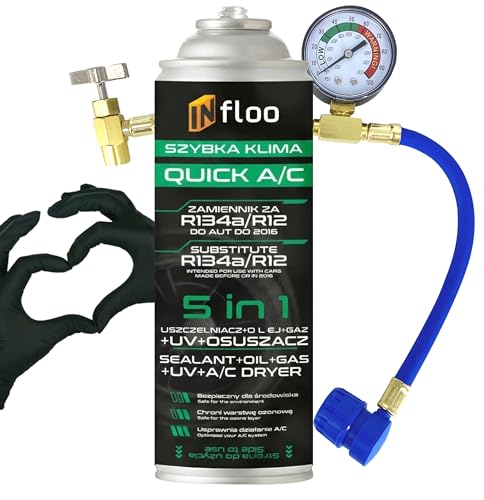 1x INfloo Quick A/C 5en1 – (Gas R134a + Aceite + Sellador + Tinte UV + Deshidratante) + Manguera con manómetro + Guantes