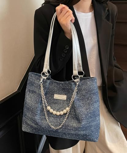 Shiny Denim Underarm Bag for Women Trendy Beauty Bead Chain Shoulder Bag Outdoor Commuter Travel Handbag 20254