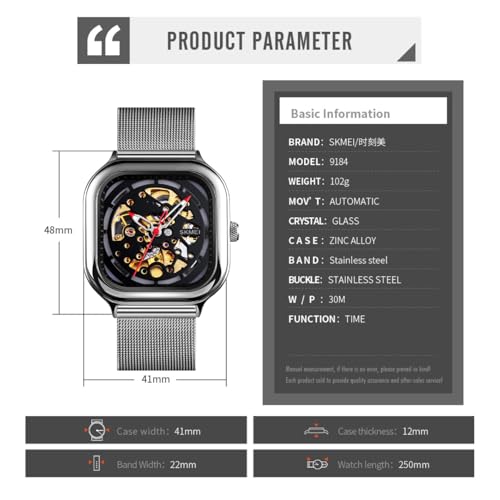 Image of SKMEI Automatic Mechanical Fashion Formal Analog Watch, Black Dial Zink Alloy Case Men's Watch, Stainless Steel Black Color Bracelet Mesh Band,30m Water-Resistant Watch for Men - 9184