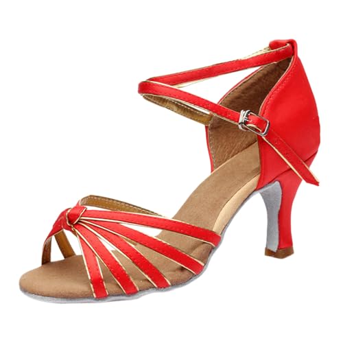 Generisch Sandalias de mujer de 2026 cm con zapato de baile latino y decoración de nudos, suela deslizante, zapatos de noche cómodos con tacón medio para ocasiones informales en interiores, rojo, 35