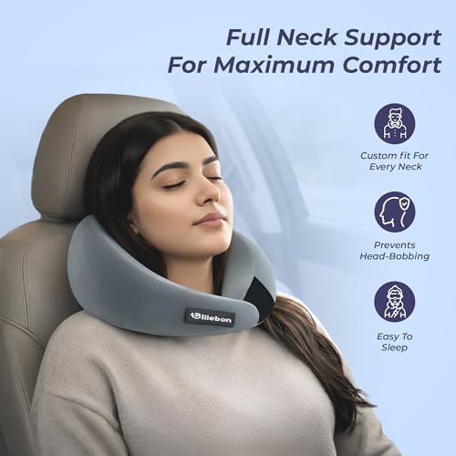 Image of Billebon Gel Infused Memory Foam Neck Pillow, Travel Pillow with Adjustable Velcro Straps, Neck Pillow for Travelling & Flight Travel, Ergonomic Support for Comfort & Pain Relief(Grey Combo)