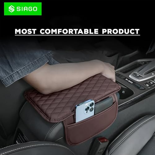 Image of SIAGO Car Armrest Cover Cushion with Storage Bags | Soft Center Console Protector Pad | Non-Slip, Waterproof & Durable | Universal Fit for Cars, SUVs & Trucks (Brown) SIA144
