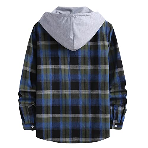 Burband Mens Flannel Hoodies Shirts Long Sleeve Button Down Plaid Jackets Casual Lightweight Checkered Sweatshirt With Hood Blue, X-Large #TOP1