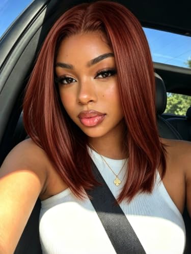 Image of KLAIYI Reddish Brown Yaki Straight Bob Wig Human Hair Glueless Bye Bye Knots Precut 7x5 Lace Front Wig Pre Bleached Pre Plucked with Baby Hair 3S Ready to Wear and Go Wig Beginner Friendly 150% 14Inch
