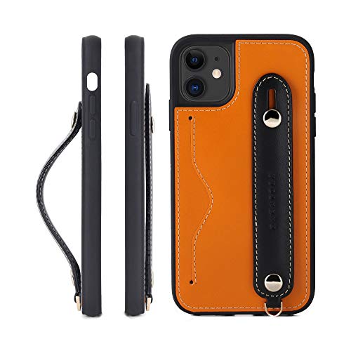 HANATORA IPhone 11 グリップケース レザー 本革 ストラップ付属 イタリア製牛革 ヌメ革 片手操作 カード収納 スタンド機能 メンズ レディース オレンジ/ブラック CGH-11-Orange-BK