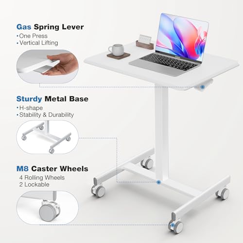 Image of OLIXIS Mobile Standing Desk with Wheels Small Rolling Laptop Desks Portable Pneumatic Adjustable Height Sit Stand Table Computer Workstation for Home Office White