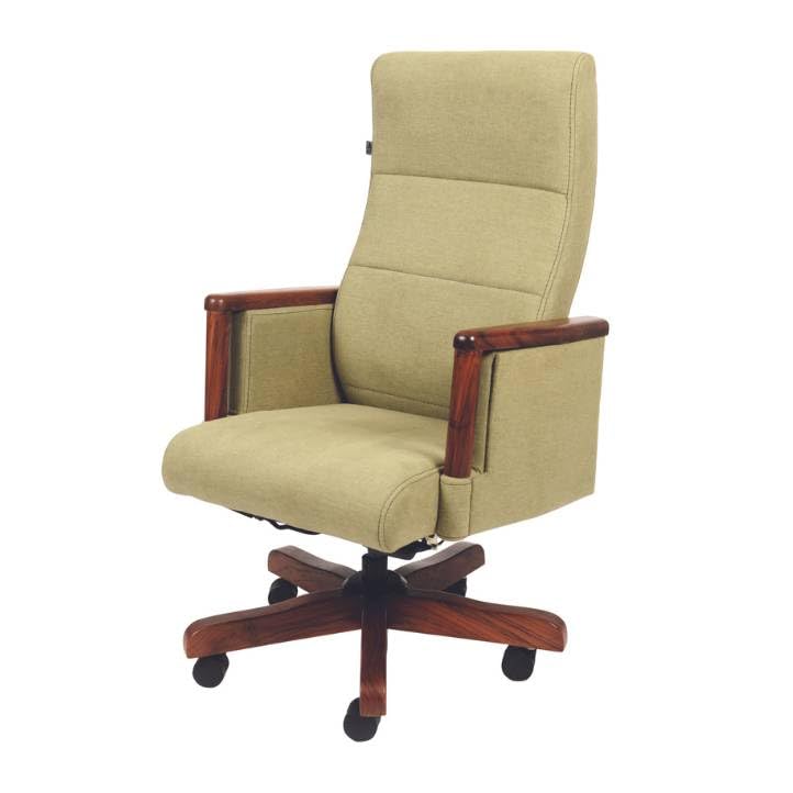 Image of High Back Executive Office Chair with Wooden Armrests & Wooden Wheel Base | Swivel, Height Adjustable Director Chair | Upholstered Ergonomic Desk Chair for Office & Home | Cream