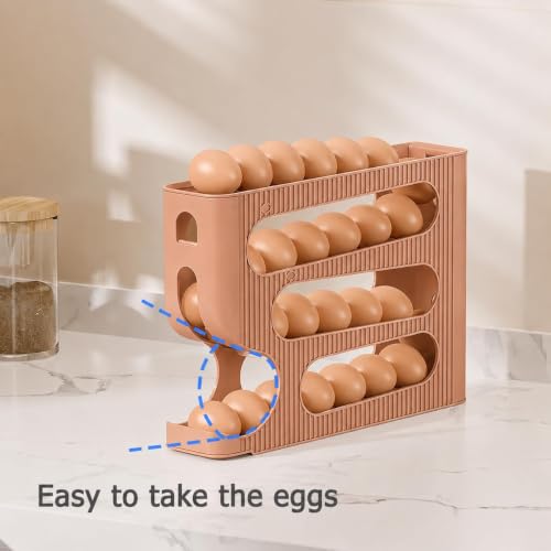 Image of 4-Tier Automatic Rolling Egg Dispenser for Refrigerator - Space-Saving Plastic Egg Holder, Holds Up to 30 Eggs, Roll-Down Design (Light Brown)