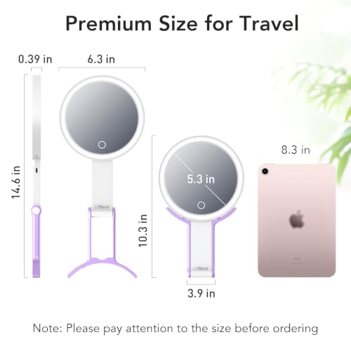 Image of LitBear Travel Makeup Mirror with Light, Rechargeable Double-Sided 10X /1X Magnifying Mirror, Portable Lighted Beauty Mirror, 3 Color Lighting, Dimmable Touch Screen, Tabletop Handhold Hanging (Purple)