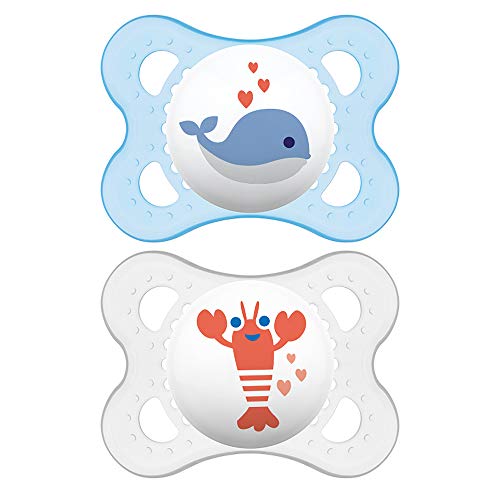 Image of MAM Original Baby Pacifier, Nipple Shape Helps Promote Healthy Oral Development, Sterilizer Case, 2 Pack, 0-6 Months, Deep Sea/Boy,2 Count (Pack of 1)