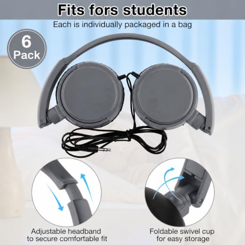 Image of Yunsailing 6 Pack Classroom Headphones Bulk, Wired Headphones,Gray | Student School Supplies, Individually Wrapped, Adjustable, over Ear Head Earbuds, for Laptop PC Computer