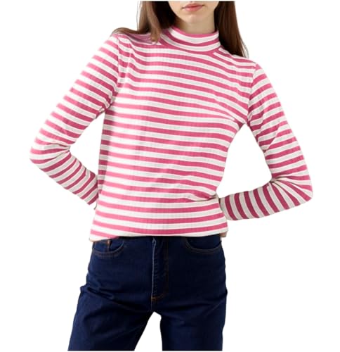 Image of Melliflo Womens Long Sleeve Mock Neck Striped Shirt Casual Cute Color Block Knit Tops Trendy Fall Fitted Basic Outfits