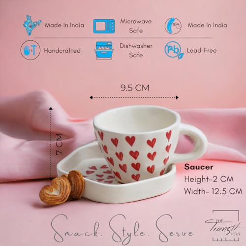 Image of Ceramic Cup and Saucer Set of 2 | Designer Coffee Tea Cups with Matching Saucers | Heart Print Ceramic Mugs for Hot Beverages | Stylish Stoneware Multi-Purpose Cup Saucer | White