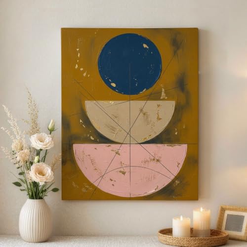 Arte geométrico abstracto de 16 pulgadas en lienzo circular beige y azul para sala