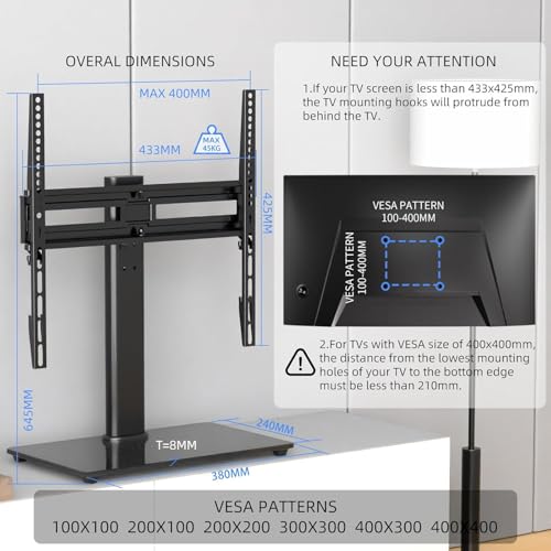 Miniatura 5 de Suptek Soporte Tv Pie Para Mesa: Base De Tv 26-55 Pulgadas Con Vidrio Templado 8mm, Giratorio 50 Y Altura Ajustable, Carga 45kg, Vesa 400x400mm, Sin Taladros Ts202