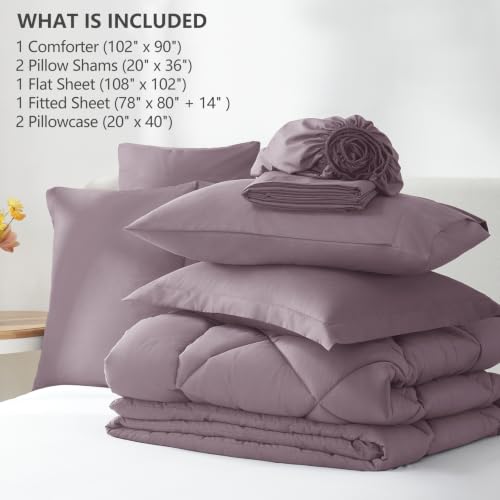 Image of CozyLux King Size Comforter Set Dusty Purple - 7 Pieces Bed in a Bag King, Soft Bed Set for All Seasons, Bedding Set with Down Alternative Comforter, Sheets, Pillowcases & Shams, Grayish Purple