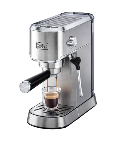 بلاك+ديكر آلة إسبرسو بضغط 15 بار، قدرة 1450 واط، خزان 1.0 لتر، رغوة حليب، نظام تسخين ثيرمو بلوك، صينية تنقيط مزدوجة المستويات، مثالية للكابتشينو واللاتيه والأمريكانو والماكياتو، فضي - ECM150-B5