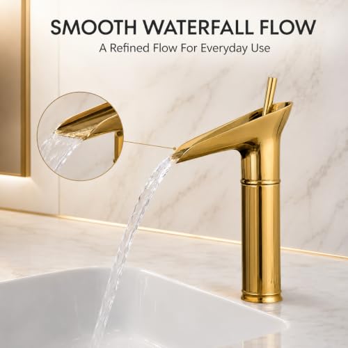 Image of ZAP Antique Lavatory Vanity Basin Mixer Tap Bathroom Faucet with Waterfall Spout Bath Sink Faucets Single Handle One Hole Solid Brass - Brushed Gold