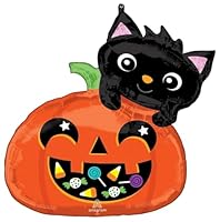 Anagram SuperShape Cat and Candy Pumpkin Foil Balloon X-Large
