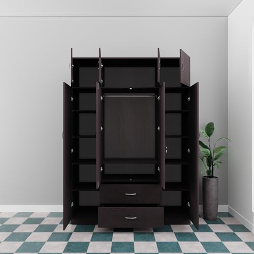 Image of VIKI Wardrobe | Wooden Almirah for Clothes,Door for Bedroom with Loft, 4 Door Wardrobe with Drawer, Mirror & Hanging Space (Dark Wenge - 40D x 160W x 220H) | 1 Year Warranty | Free Assembly