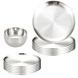 LXLAEOANG Edelstahl Teller 18-teiliges Dip-Geschirr-Geschirr-Set, Grill-Rundteller, Edelstahlteller, Salat-, Obst-, Dessert-, Kuchenteller, Partyteller(Silver)