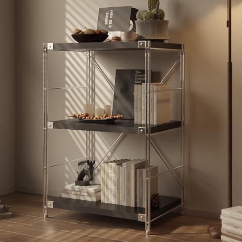 Image of 3-Tier Industrial Bookshelf, Wood and Metal Shelf Unit, Storage Bookcase