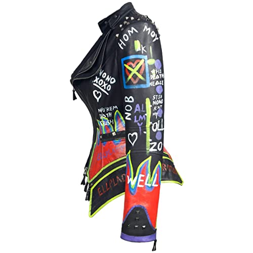 Women's Faux Leather Textured Hand Painted Graffiti Studded Rivet Moto Lady Fit Jacket Zip-up Slim PU Biker Coat2
